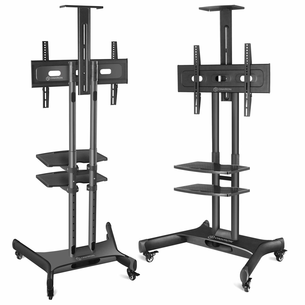 TS1552 BLACK Мобильная стойка на 1 тв/ 32-65" от 200х200 до 400х600 наклон 0º поворот 0º макс нагр 45,5кг высота 1200-1500мм, кабель-канал, 2 полки, регулировка полок по высоте, колесики с блокировкой, черная ONKRON Santreyd  - Вид №2
