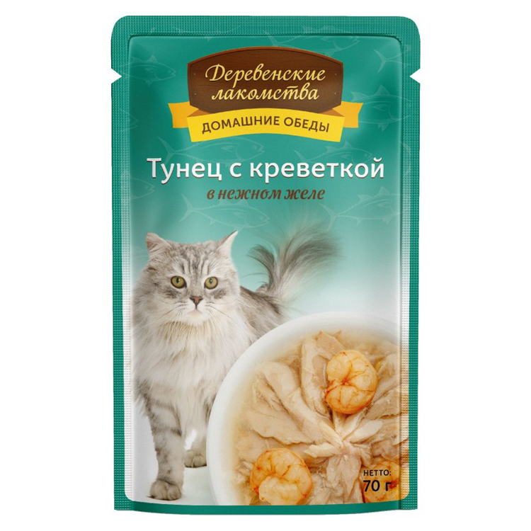 ПР0046895 Корм для кошек Тунец с креветкой в нежном желе пауч 70г ДЕРЕВЕНСКИЕ ЛАКОМСТВА 