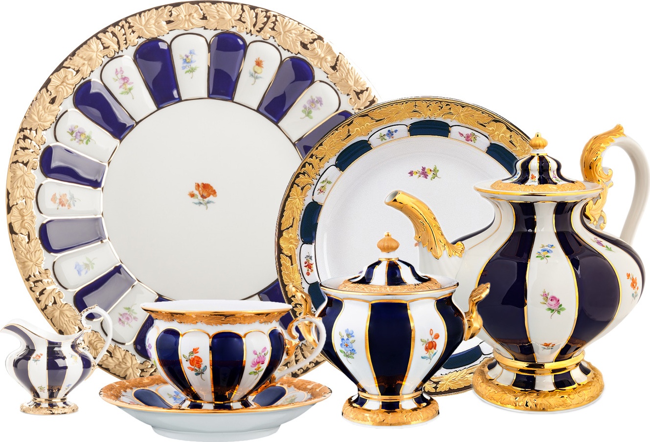 10640084 Meissen Сервиз чайный 6/15 "Форма - Икс" (россыпь цветов, кобальт) Фарфор 