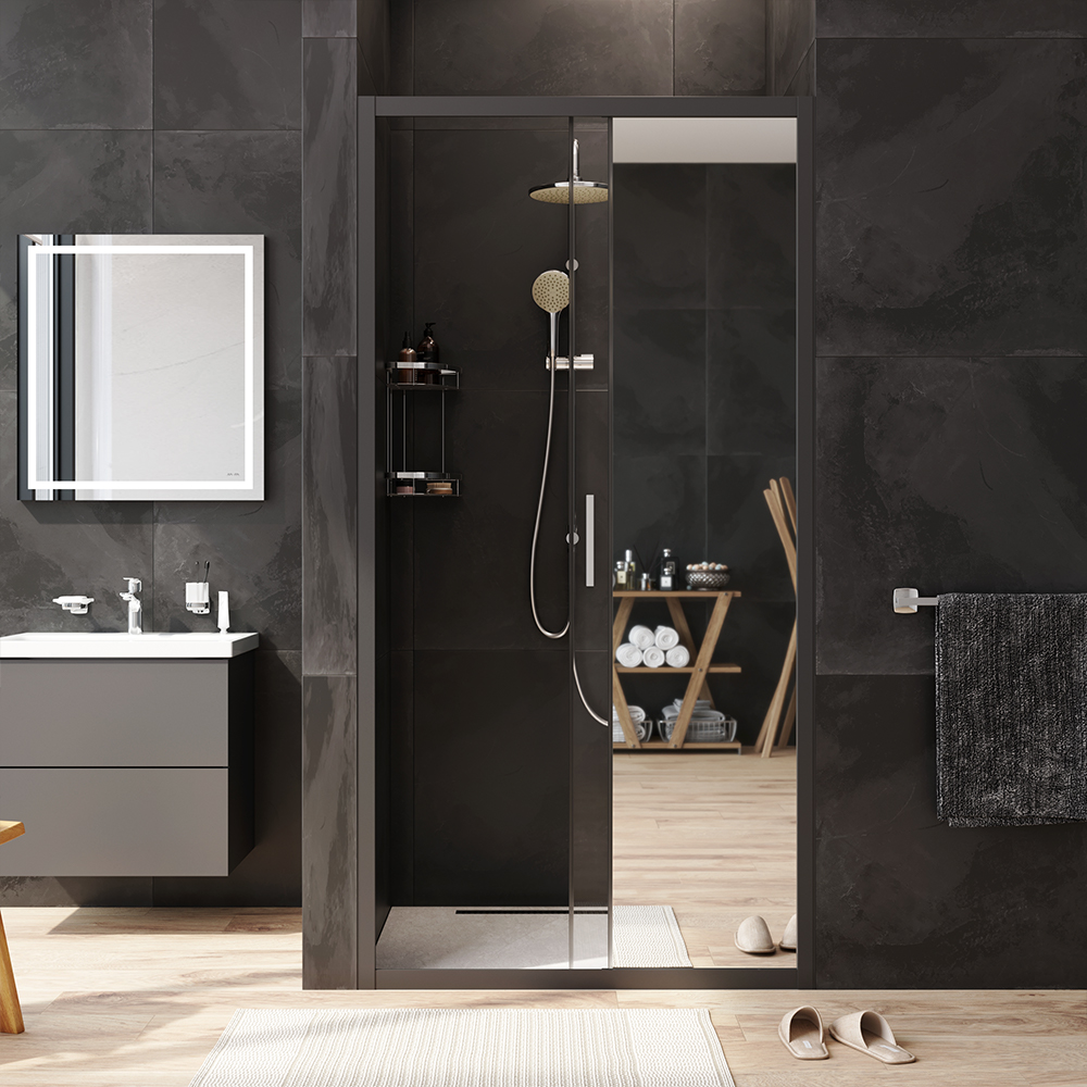 W90G-100-1-195BMir Solo Дверь душевая 100х195 стекло зеркальное профиль черный матовый AM.PM Gem - Вид №2