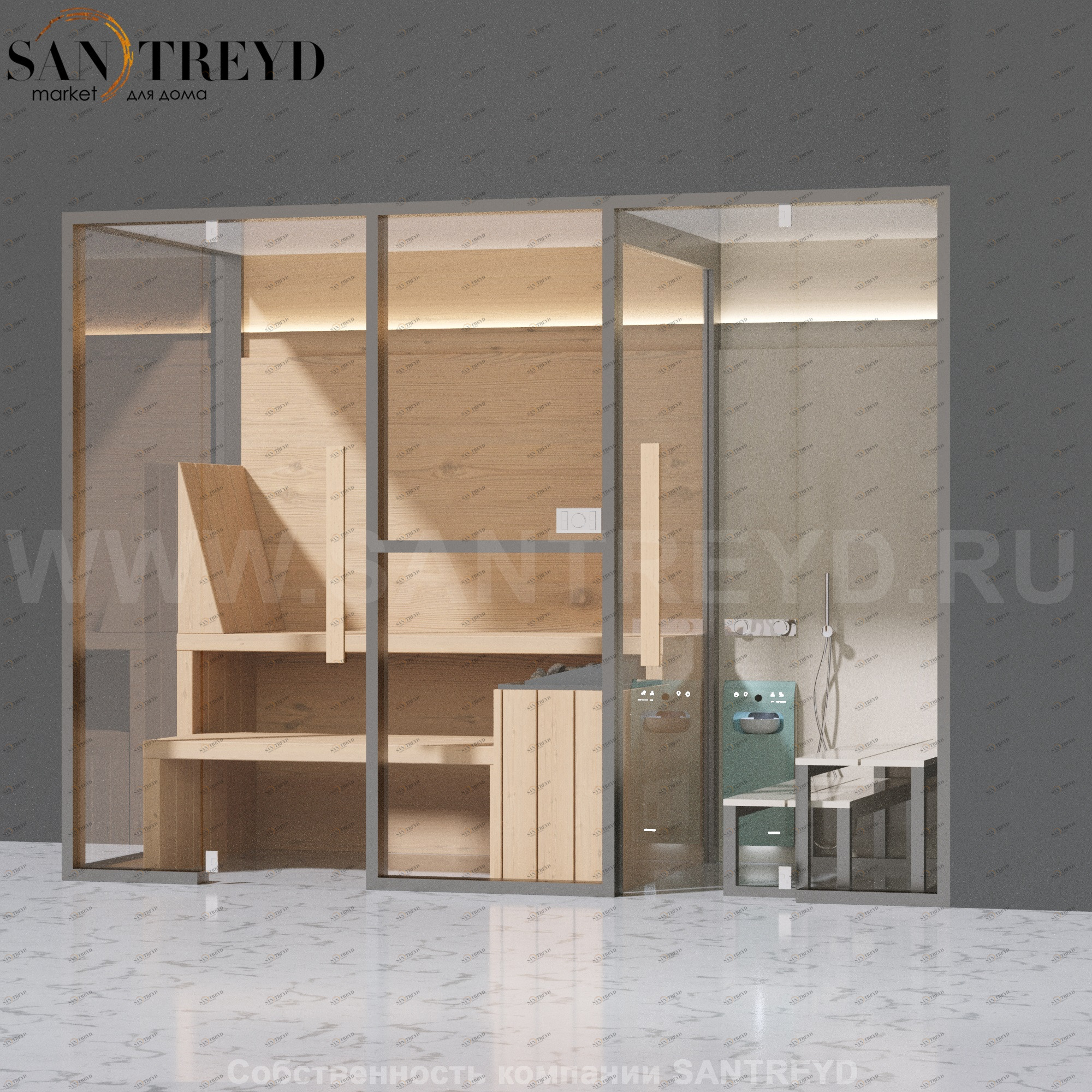 Effegibi MIDFILO LO71010003 Комбинированная баня: хаммам - душ и сауна. Установка: в правый угол. Мощность: 11 кВт макс. Размеры: длина 300 см, ширина 137 см. Отделка: канадский хемлок, матовый лакированный серый аллюминий и бежевый ламинат из керамограни