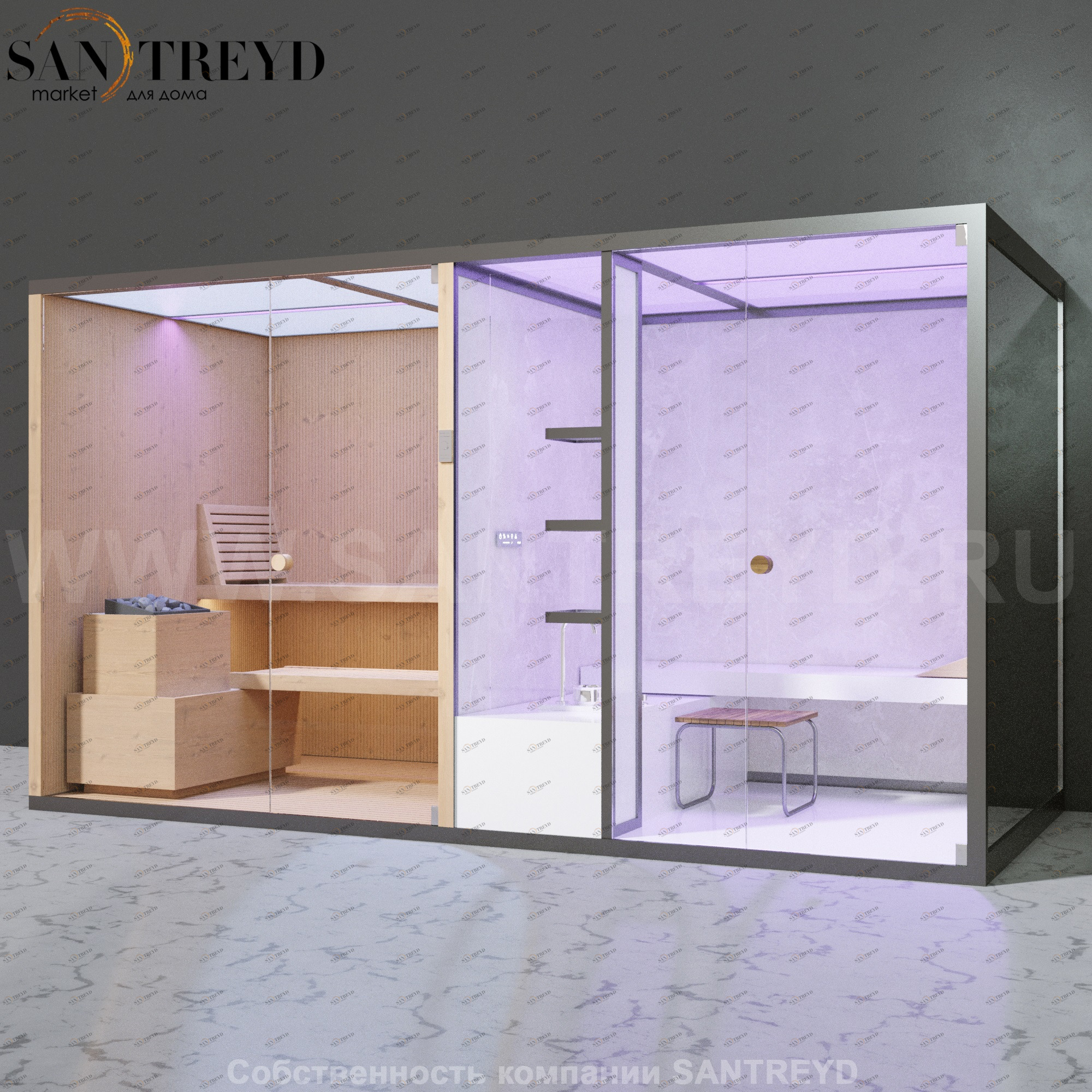 Effegibi BODYLOVE SH BL40110007 Фронтальная комбинированная баня: хаммам и сауна. Установка: к стене. Мощность: 15 кВт макс. Размеры: длина 393 см, ширина 176 см. Отделка: канадский хемлок, светлый керамогранит и зеркало.