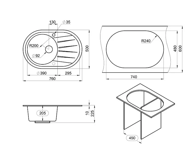 7601, БАЗАЛЬТ, кухонная мойка, СтандАРТ кварц GRANULA Standart 7601-ST53 - Вид №2