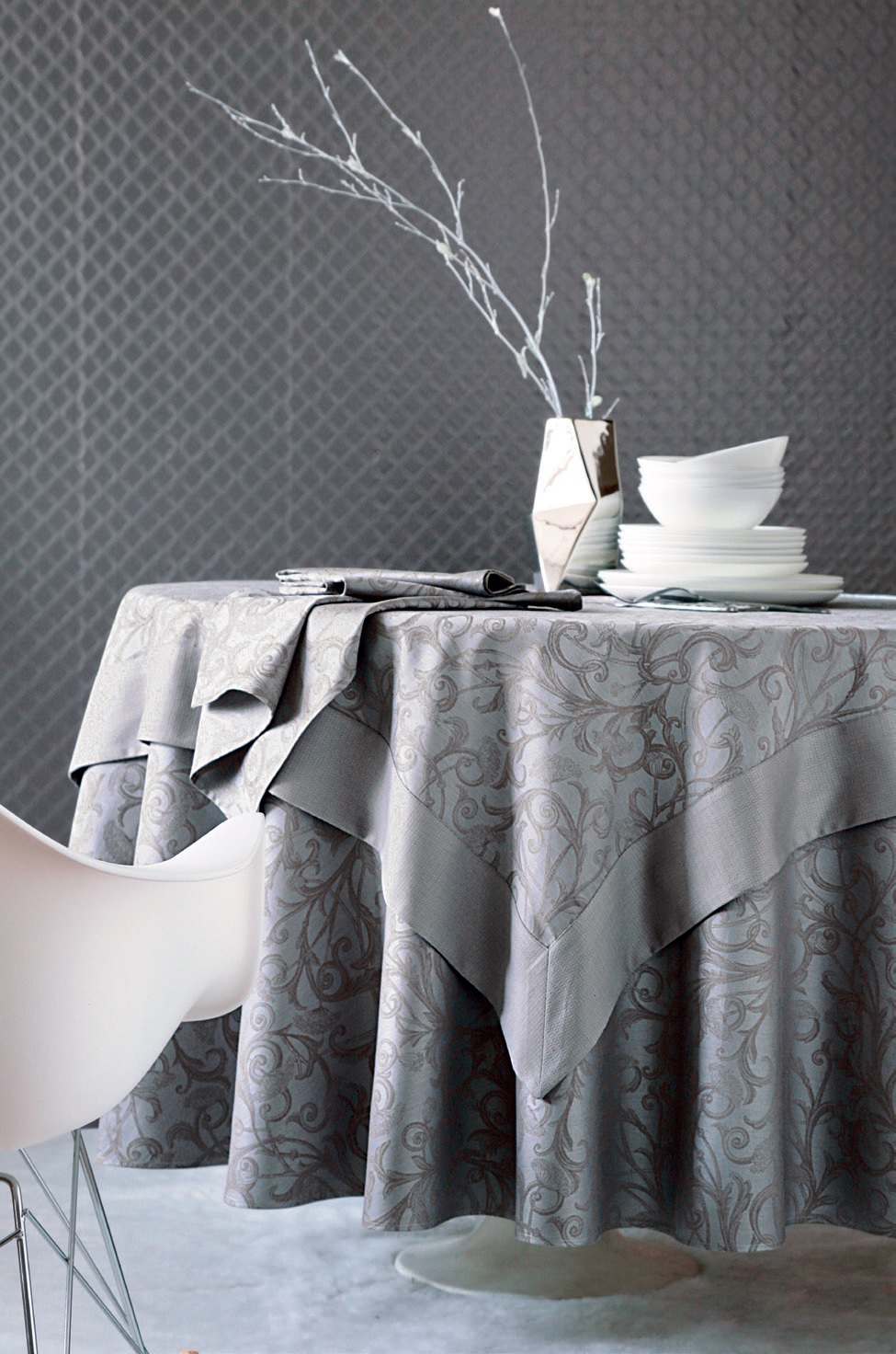 OMB_MG_240 Скатерть серо-бежевый 170/240 + 8 салфеток 100% хлопок жаккард Blanc des Vosges Santreyd 