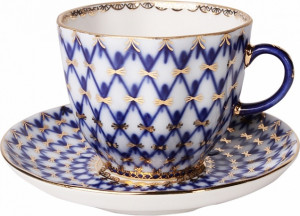 84863 Императорский фарфоровый завод Чашка кофейная с блюдцем ИФЗ "Кобальтовая сетка" 150мл, ф.Тюльпан Фарфор твердый