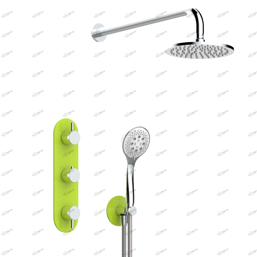 D6A-5400DMVE Встраиваемый термостатический смеситель в комплекте с выходом из стены, алюминиевым шлангом, ручным душем, держателем 450 мм и лейкой с системой Easyclean Ø 200 мм — панели матового зеленого цвета Thg-paris Smith Хром D6A 5400DMVE  A02 CAT.A