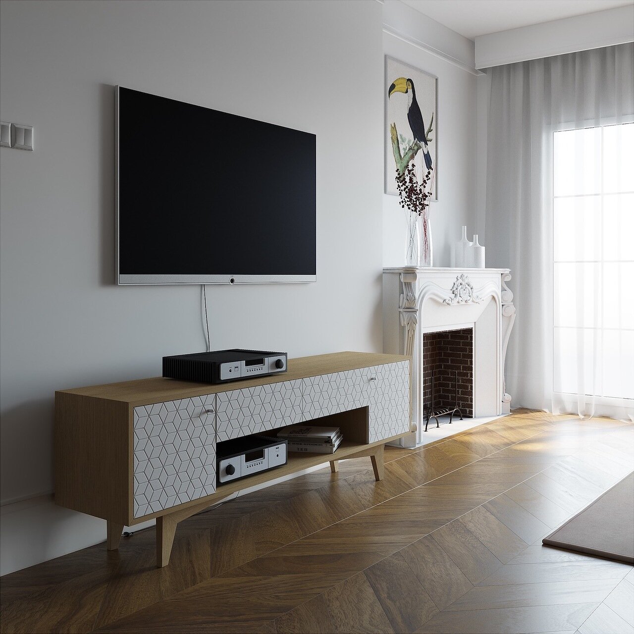 Тумба под телевизор с ящиками с рисунком на фасадах "Ромб" Telly BRAGIN DESIGN  256462 Бежевый;белый  - Вид №1