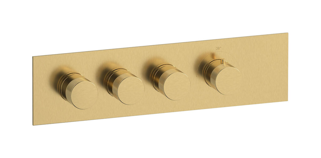 Комплект наружных частей термостата на 3 потребителей - горизонтальная прямоугольная панель с ручками Industria WE ARE IB eua321osnid1 Brushed Gold Aqua