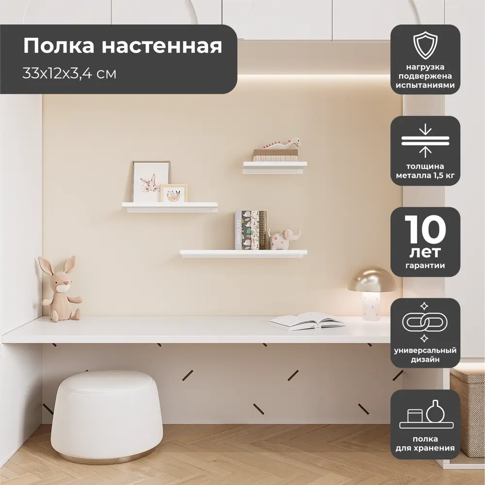 Настенная полка 33x12 см металл цвет белый 89444442 STLM-2065915 KONSENSA  - Вид №9