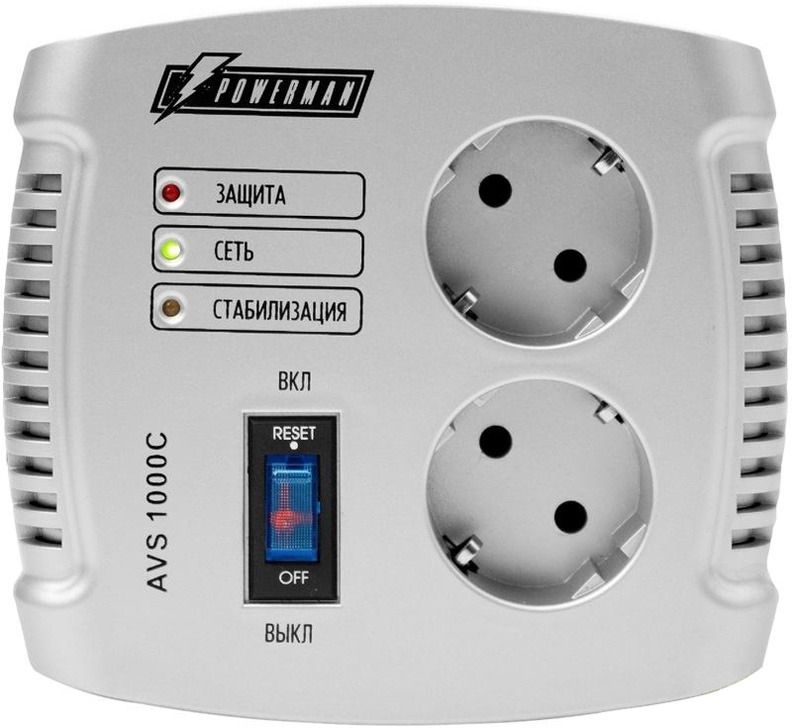 POWERMAN AVS 1000 C Stabilizer avs 1000c, step-type regulator, 1000va / 500w, 150-280v, the maximum input current is 8a, 2 eurosockets, ip-20, floor standing, 151mm x 126mm x 123mm, 2kg. POWERMAN Santreyd  - Вид №1