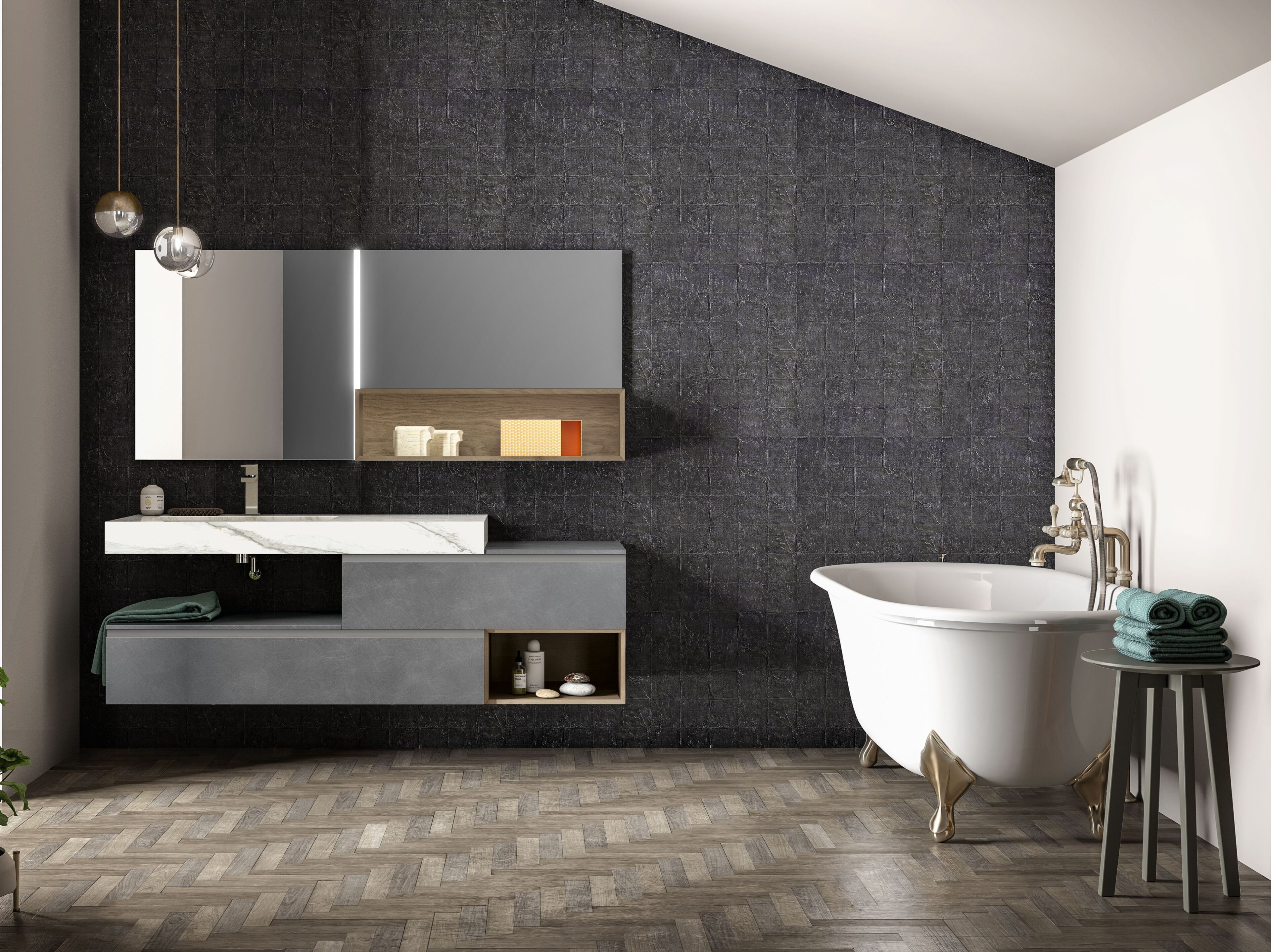 Шкаф для умывальника из керамогранита с зеркалом и колоннами Birex Lapis ARCH-00039492