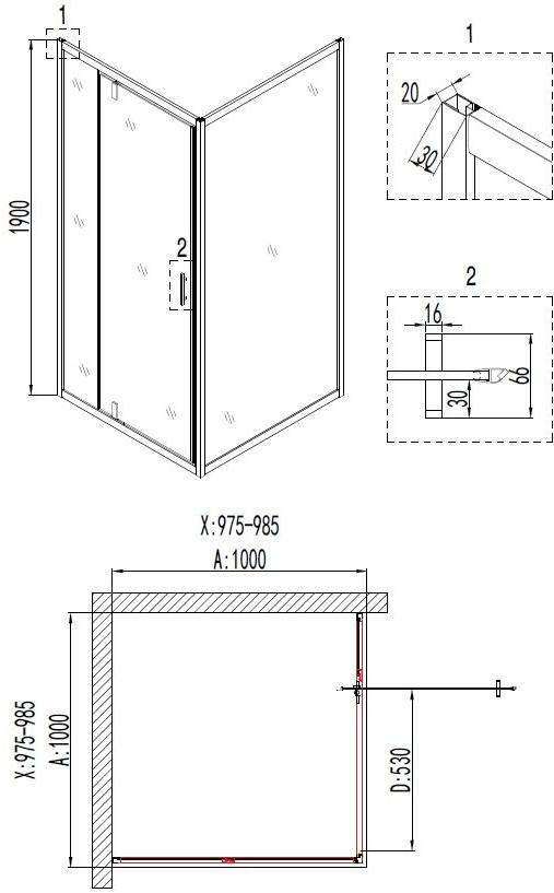 Душевое ограждение NG- 6602-08 BLACK (100*100*190) квадрат, дверь распашная, 1 место Niagara Nova 66020811BLACK - Вид №2