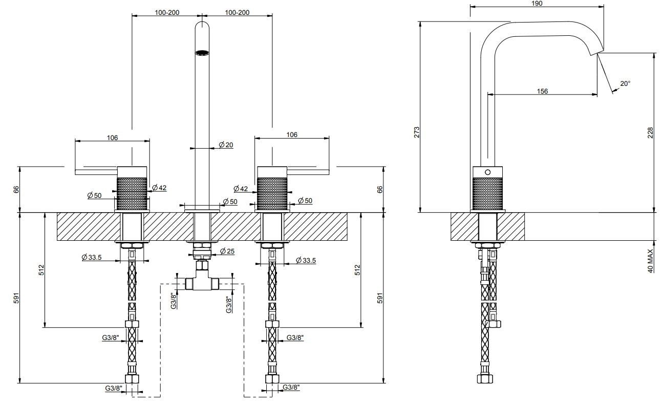 Смеситель для раковины с 3 отверстиями из нержавеющей стали Gessi Messi316 ARCH-00115222