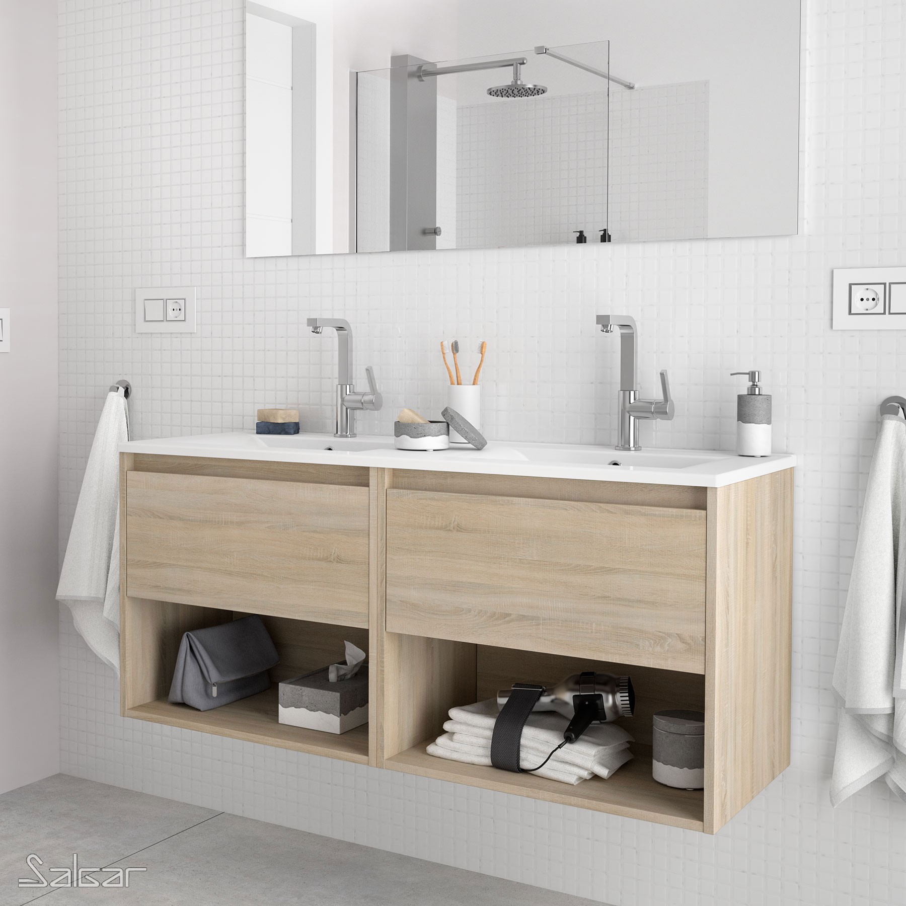 81299 SALGAR Тумба под умывальник NOJA 1200 1 ящик 1 место ДУБ КАЛЕДОНИЯ + Раковина Дуб Каледония