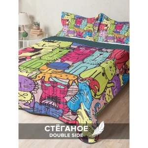 91378023 Покрывало с наволочками "Кошачья площадь" 230x240 см, микрофибра, цвет красный, зеленый, синий STLM-1366633