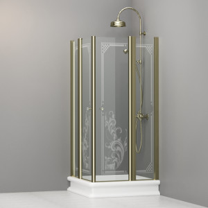 9145N1 Душевая кабинаDX/SX с двумя распашными дверьми и неподвижными элементами для душевого поддона квадрат 90x90, цвет Золотистый Kerasan RETRO Италия