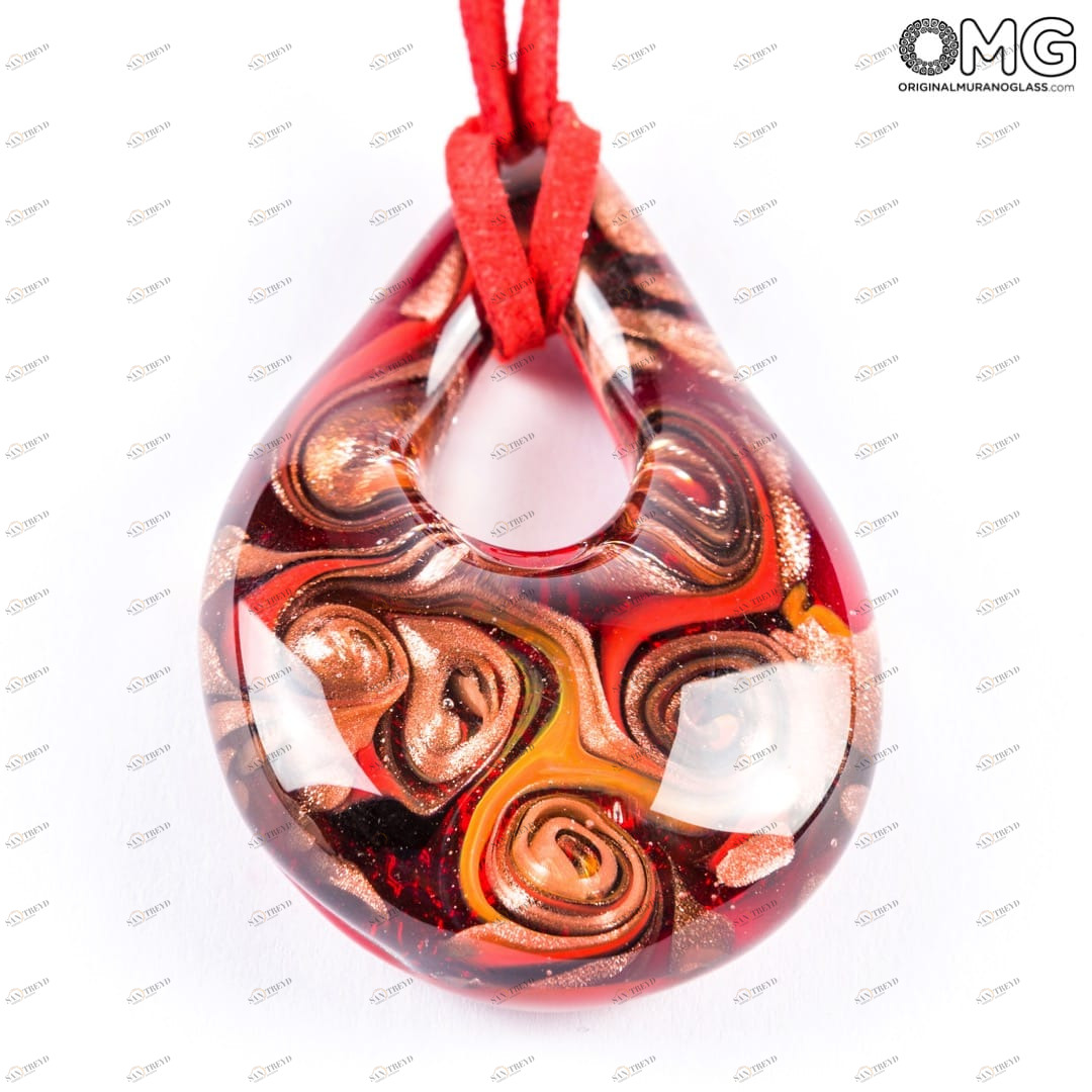 2343 ORIGINALMURANOGLASS Красная подвеска в виде капли из муранского стекла с авантюрином - OMG 57 см 