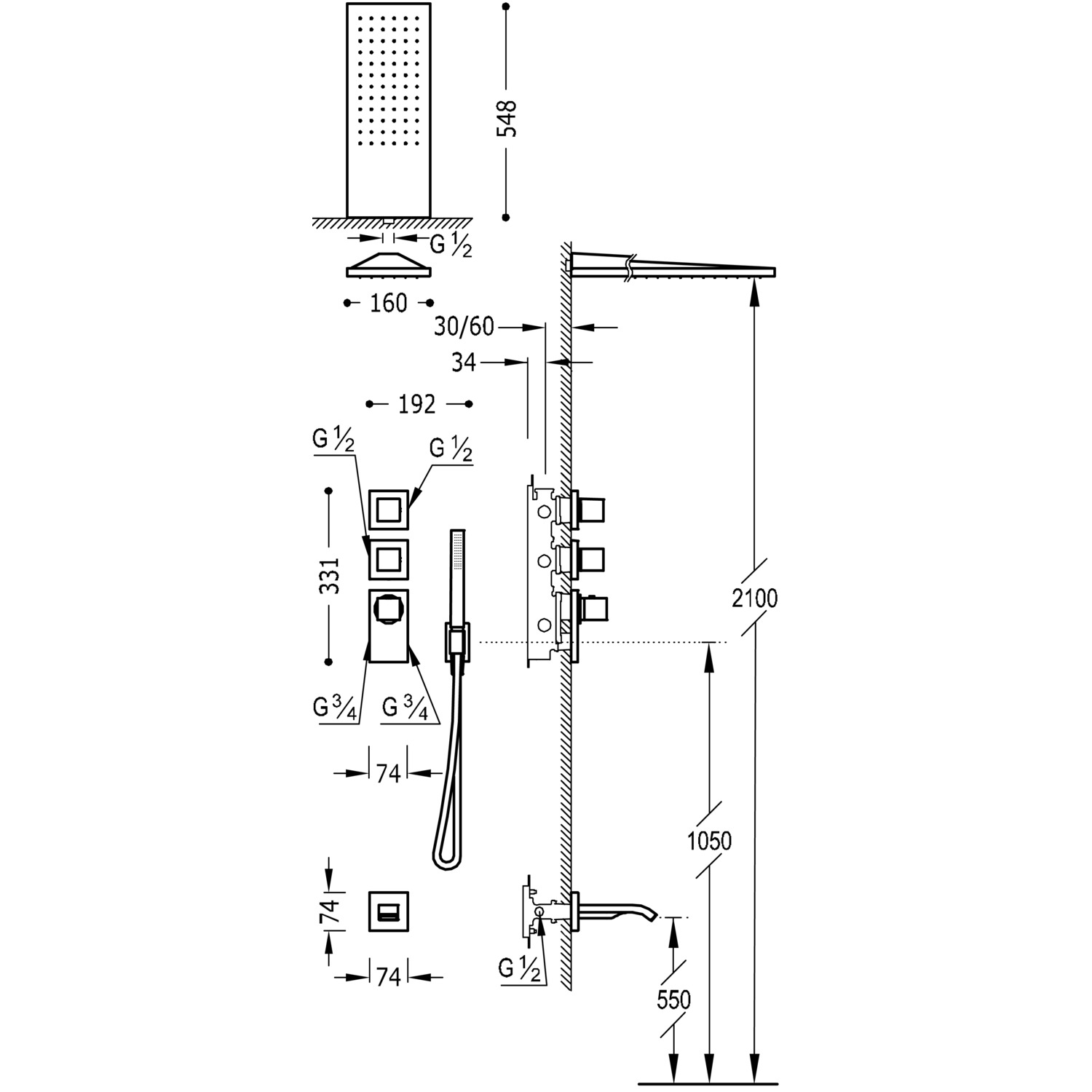 BLOCK SYSTEM Kit de grifo termostático empotrado de 3 vías Block System para bañera y ducha-20625301 TRES Thermostatic - Вид №1