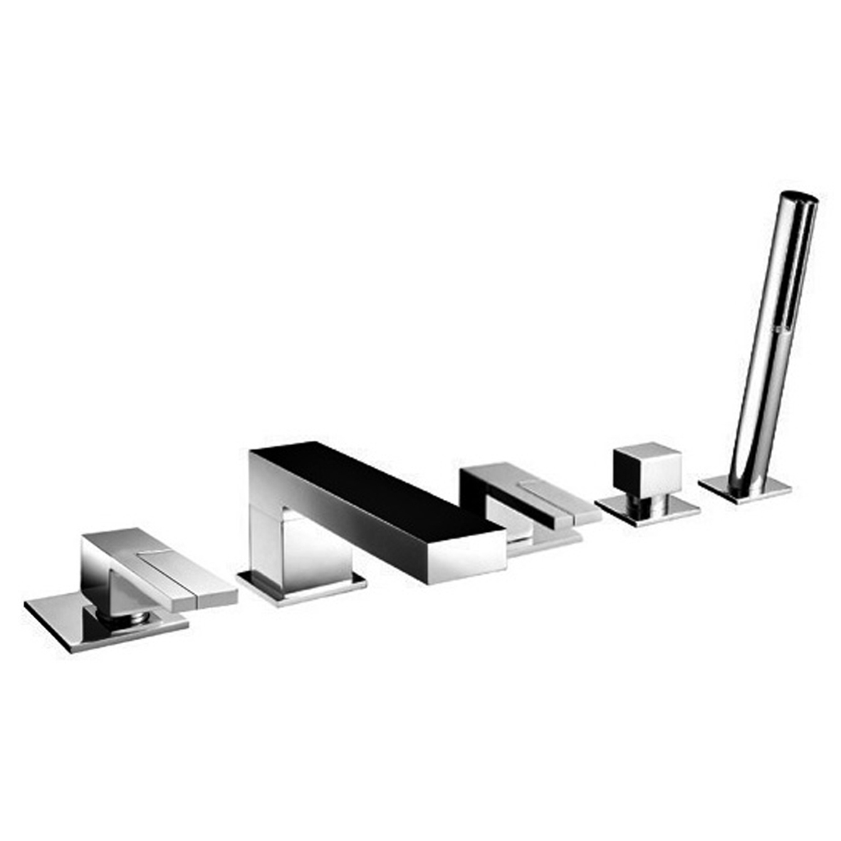 5366S  Набортный смеситель для ваннывылет 21 см без ручек на 5 отверстий переключатель на 2 потока с кнопкой ручная лейка SUN гибкий шланг 150 см картридж керамический 90° впуски 3/4'' подводка (a) ручки 5348/5349 заказываются отдельно см раздел ''Ручки'' Fantini Rubinetti AR/38