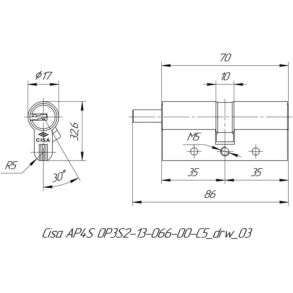 Цилиндр Cisa AP4S 0P3S2-13.66, 30x10x30 мм, ключ/шток, цвет латунь, без вертушки STLM-2134529 - Вид №4