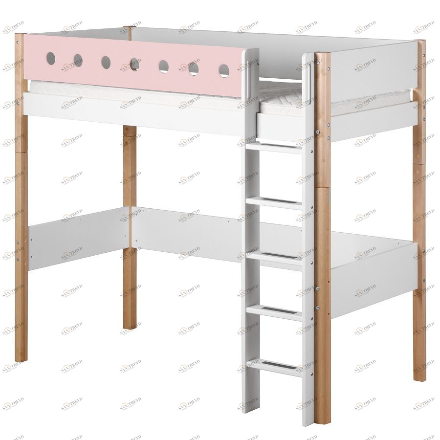 Кровать Flexa White высокая с прямой лестницей, 190 см, розовая лакированная 801750121