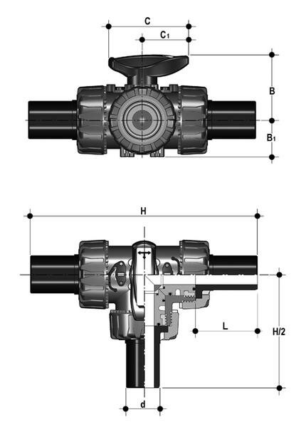 SANIT 72702011063 3-ходовой шаровой кран d 20-63, ТКД DualBlock®, РР, Т-порт, PP-LS-х частей  - Вид №1