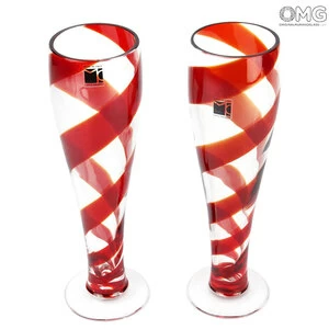3012 ORIGINALMURANOGLASS Набор из 2 пивных бокалов Красные изгибы - Carlo Moretti - Original Murano Glass OMG 7 см