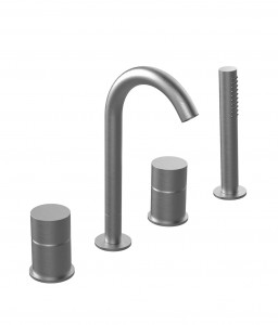 Y065  Набортный смеситель для ваннывылет 11,4 см ручки на 4 отверстия переключатель на 2 потока с поворотной кнопкой ручная лейка FIT гибкий шланг 150 см впуски 1/2'' подводка Fantini Rubinetti AA/27 НЕРЖАВЕЮЩАЯ СТАЛЬ