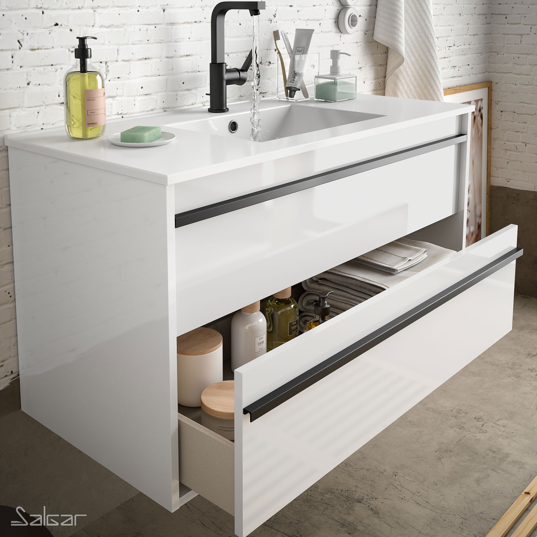 84948 SALGAR Комплект мебели для ванной ATTILA 1000 WHITE GLOSS LACQUERED + Раковина + Зеркало + Свет Глянцевый белый - Вид №1