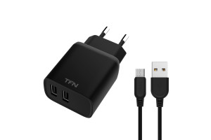 17495520 Сетевое зарядное устройство 2 USB RAPID 2.4A + кабель microUSB, черное -WCRPD12W2U01 TFN