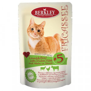 ПР0030571 Корм для кошек №5 Фрикасе Ягненок и говядина с кусочками курицы и травами в соусе конс. пауч 85г Berkley