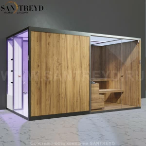 Effegibi BODYLOVE SH BL45210007 Боковая комбинированная баня: хаммам и сауна. Установка: к стене. Мощность: 15 кВт макс. Размеры: длина 393 см, ширина 176 см. Отделка: термообработанная древесина, светлый керамогранит и гладкая термообработанная древесина