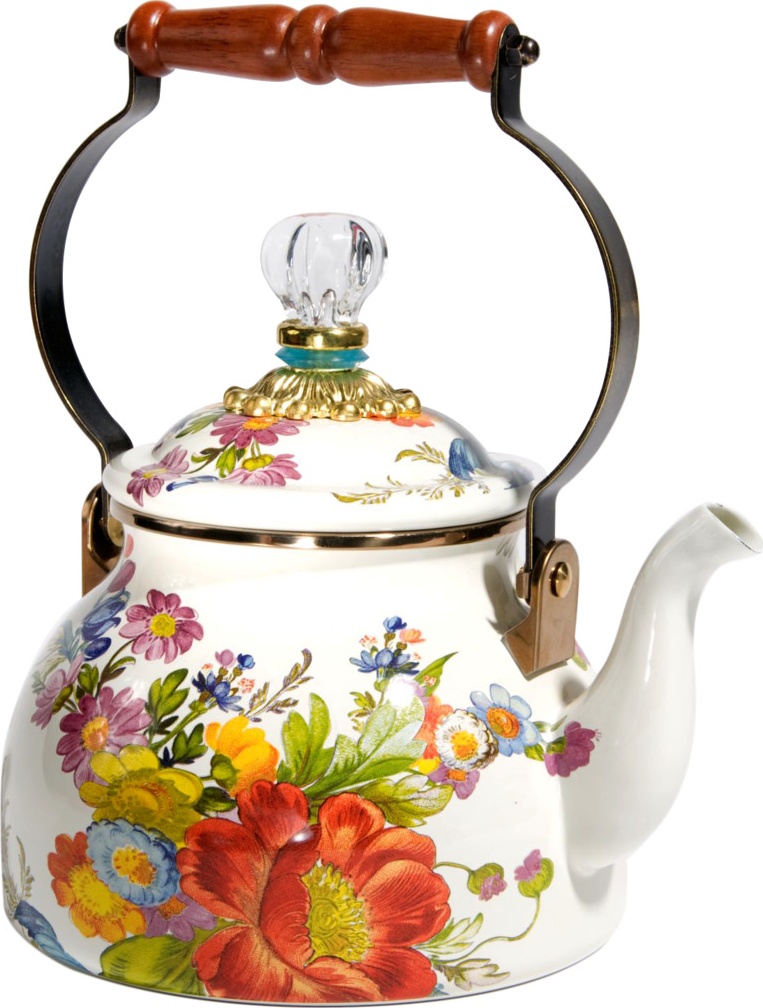 10594951 Mackenzie-Childs Чайник 2л Flower Market (белый) 18Dx27H сталь, эмаль, бронза, дерево, стекло 