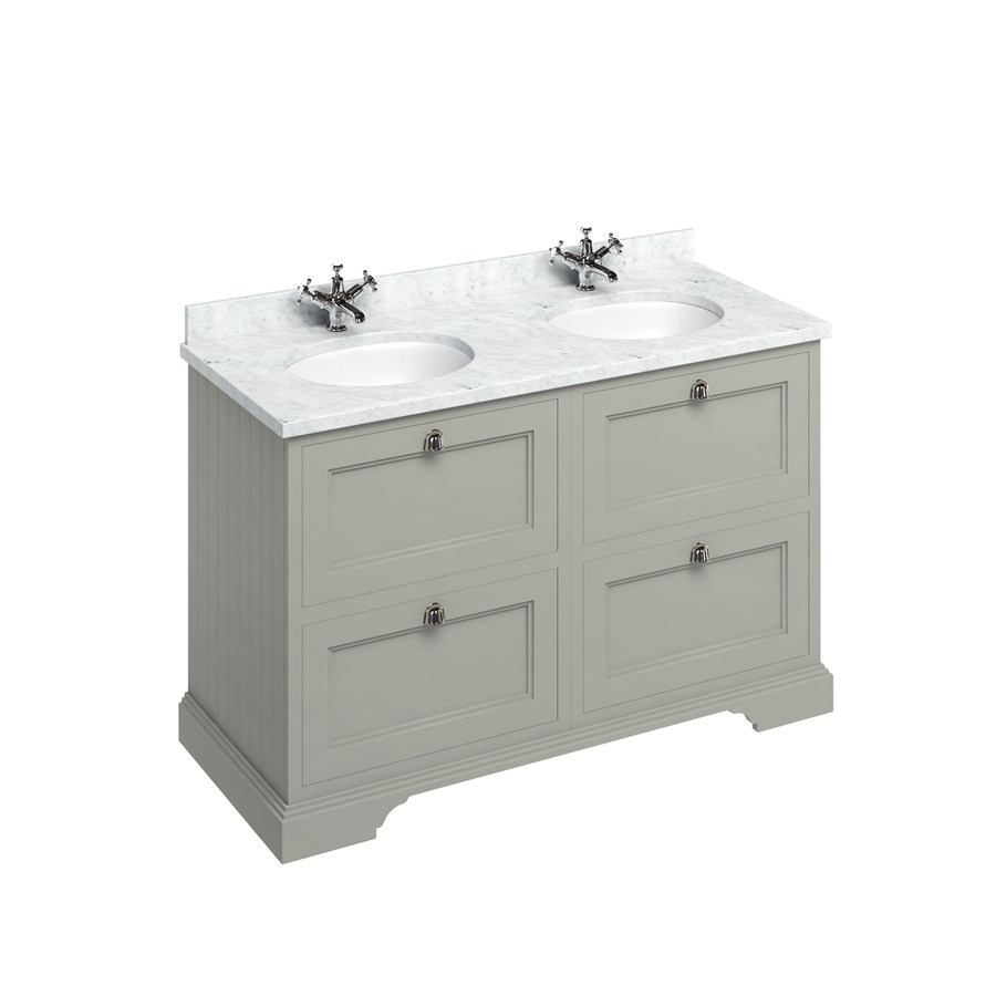 Burlington Отдельностоящий блок 130 со столешницей Carrara White, ящиками и 2 встроенными белыми раковинами Классический серый FC10G_BC12  - Вид №2