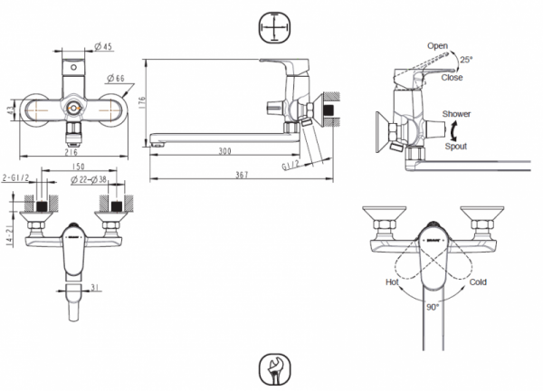Смеситель для ванны длинный излив ALFA F6120178CP-01L bravat - Вид №1