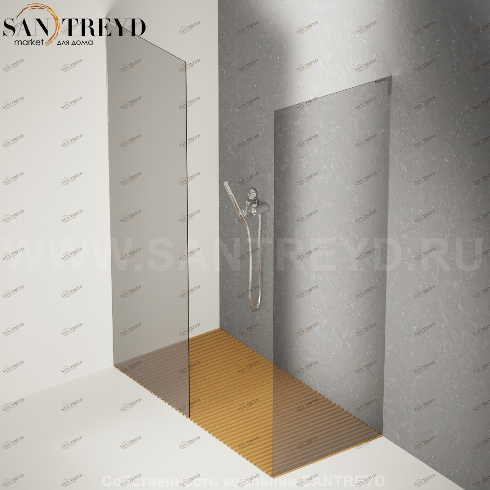 Душевое ограждение FLAT D подрезаемое, стеклянная дымчатая перегородка с поддоном из тика. Размеры: глубина от 70 до 95 см, длина от 140 до 160 см Agape DC60140160700950TM