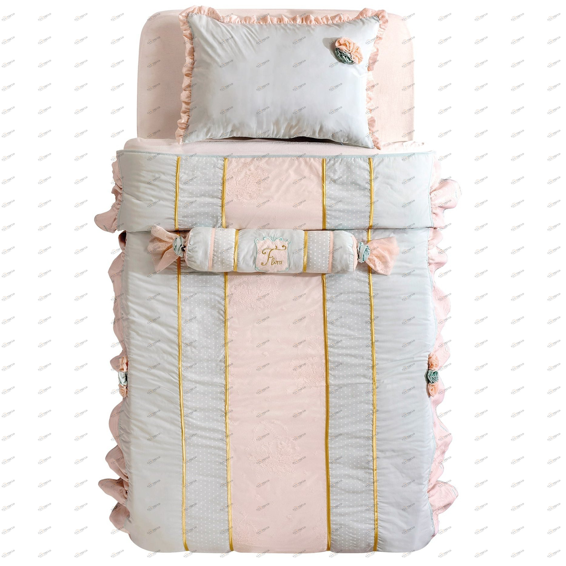 Покрывало детское с подушкой 90х200 см голубое Paradise CILEK FLORA 00-3832474 Голубой Santreyd