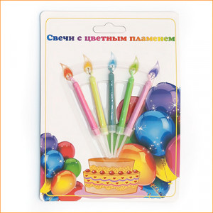 0106 Свеча для торта с цветным пламенем "С Днем Рождения" 13 x 13 x 18 см 30 г 5 шт. с подставкой Омский Свечной
