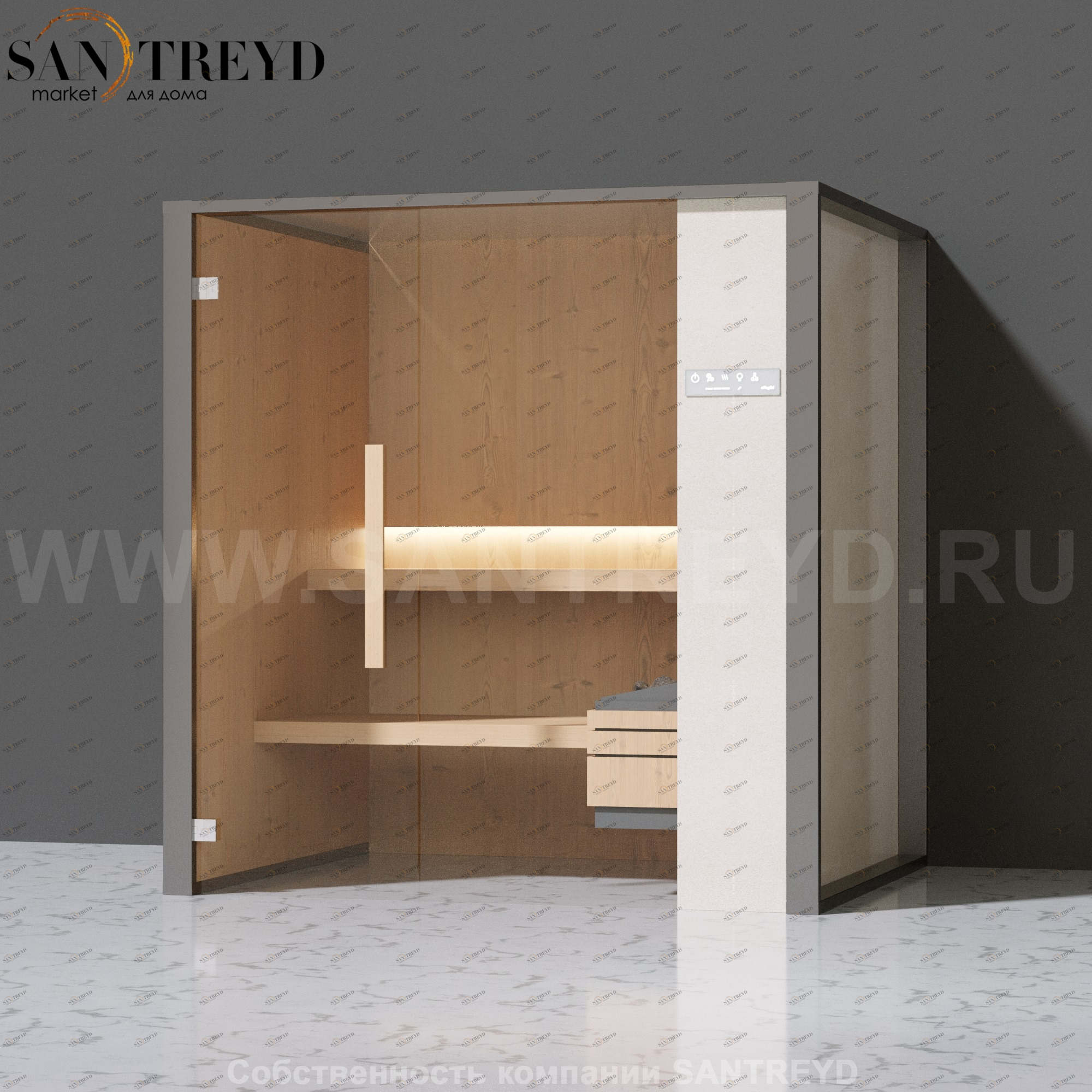 Effegibi ONEFILO S LO51010001 Сауна. Установка: к стене. Правая дверь. Мощность: 4,5 кВт макс. Размеры: длина 214 см, ширина 171 см. Отделка: матовый лакированный серый аллюминий и бежевый ламинат из керамогранита.