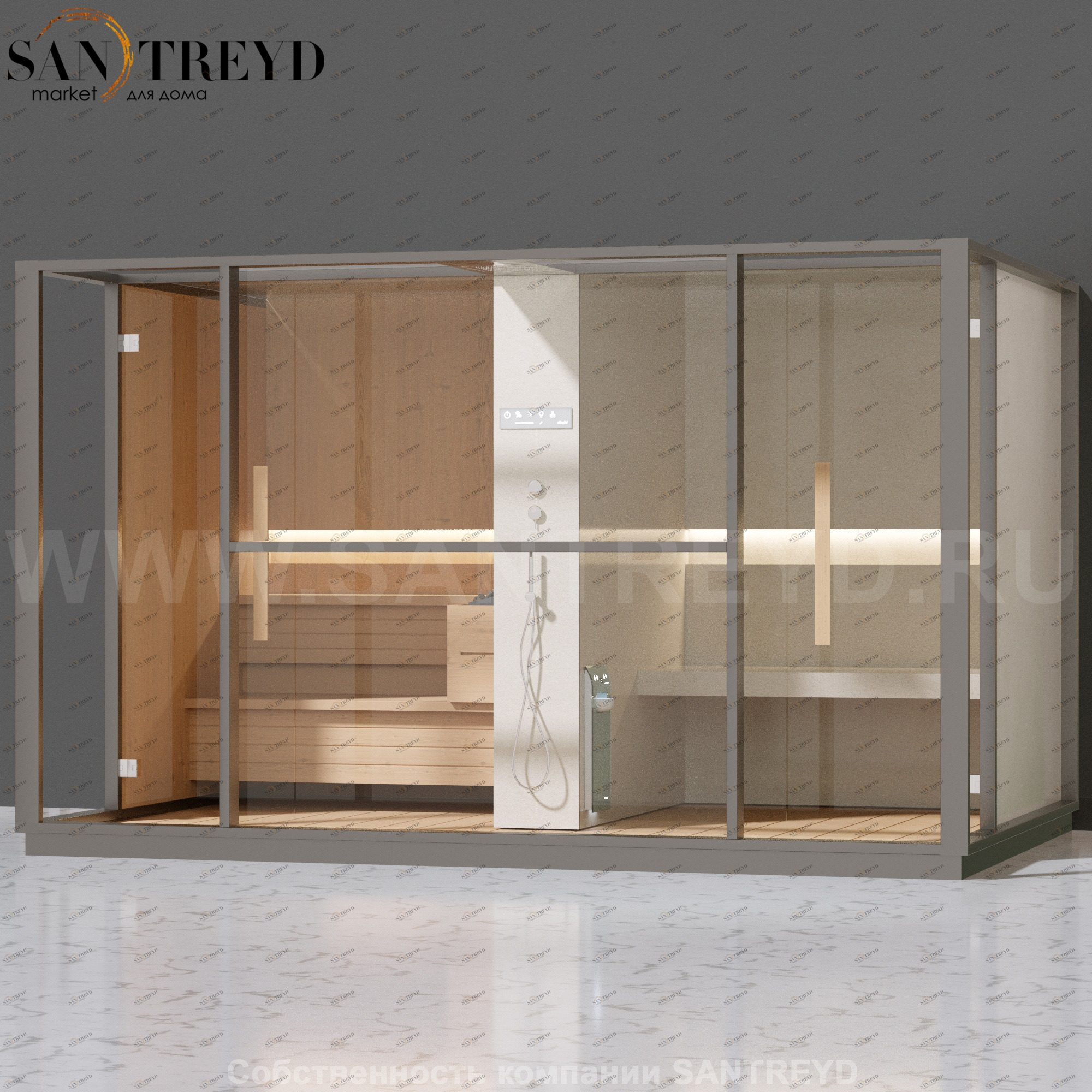 Effegibi LOGICA LO10010004 Комбинированная баня: хаммам и сауна. Установка: к стене. Мощность: 10,5 кВт макс. Размеры: длина 373 см, ширина 250 см. Отделка: канадский хемлок, матовый лакированный серый аллюминий и бежевый ламинат из керамогранита.