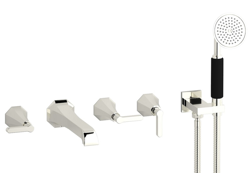 Настенный смеситель для ванной на 5 отверстий с дивертером и душевым гарнитуром. WE ARE IB bl398pl Platinum Belmondo 