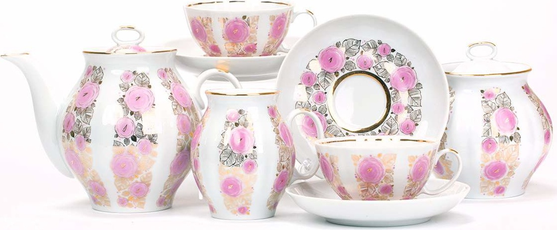 10631335 Дулевский фарфор Сервиз чайный 6/15 "Белый лебедь" "Розовый сад" Фарфор 