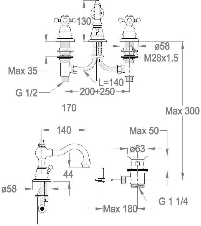 Fir Italia Смеситель для раковины на 3 отверстия Melrose 20 2012205 - Вид №1