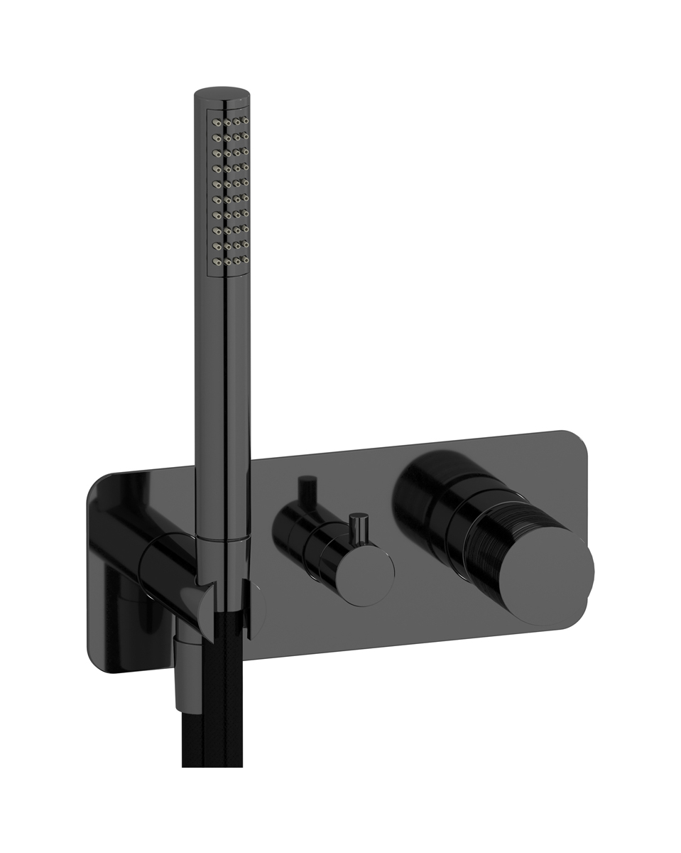 Внешние части встроенного в стену смесителя на 2 потребителя в комплекте с душевым гарнитуром. WE ARE IB vn210cf Black Chrome Vinile