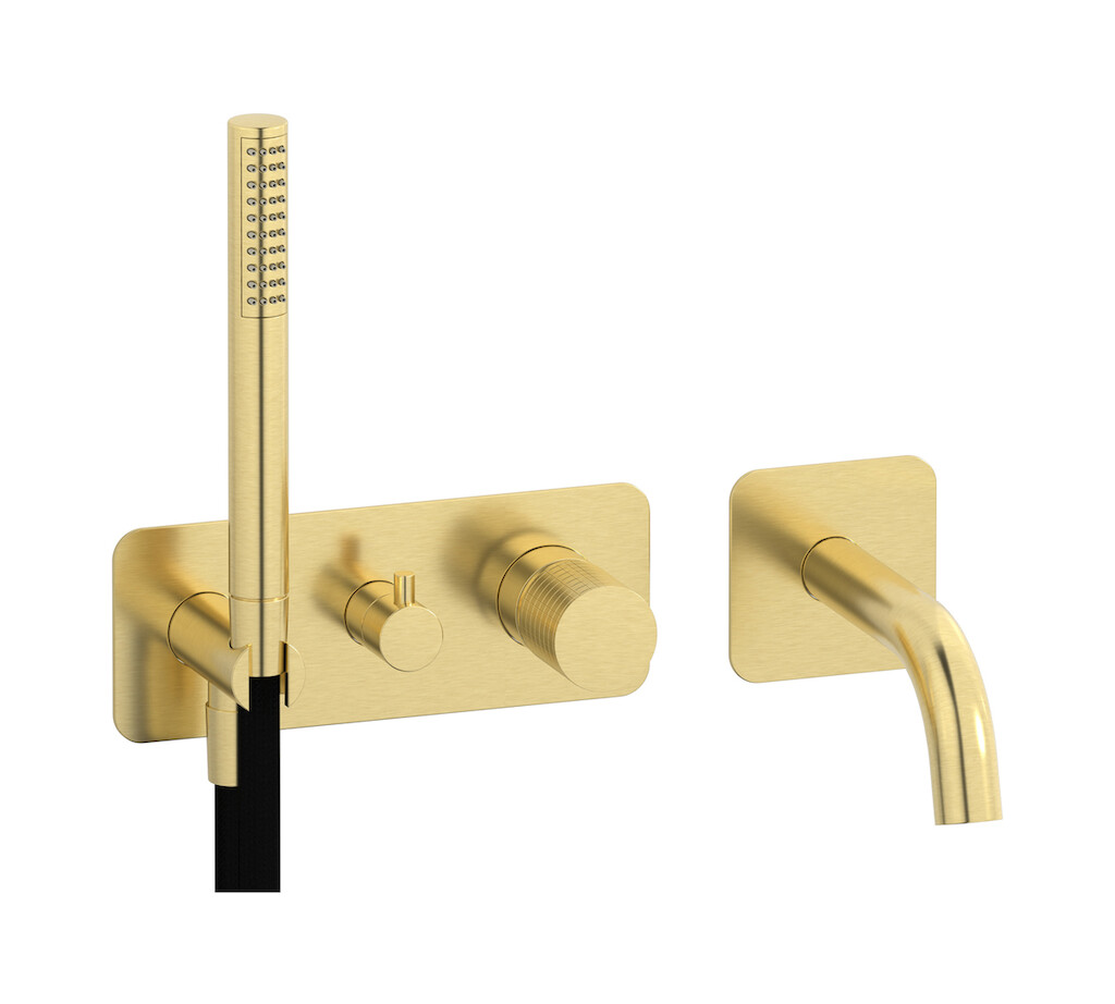 Настенный смеситель для ванной на дивертером и душевым гарнитуром. WE ARE IB ga398is Brushed Pale Gold Gatsby