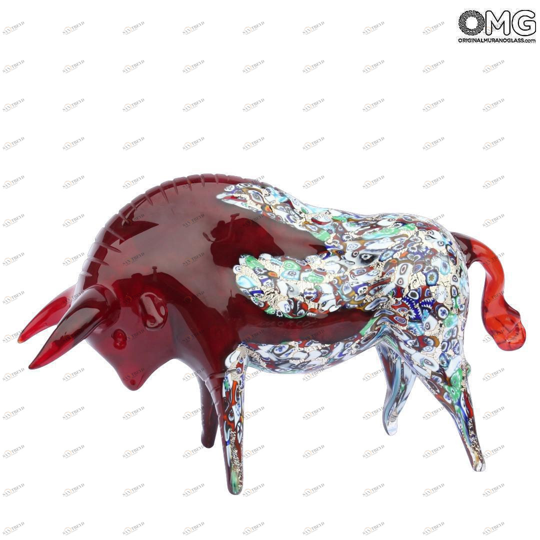 2044 ORIGINALMURANOGLASS Скульптура "Красный буйвол" с мурринами и серебром - муранское стекло 20 см 