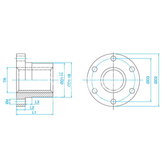 IS435 Гайка трапецеидальная с фланцем (бронза) d=24 мм, шаг резьбы 5 мм (прав. резьба), BFM 24-5-D ISKRA  - Вид №1