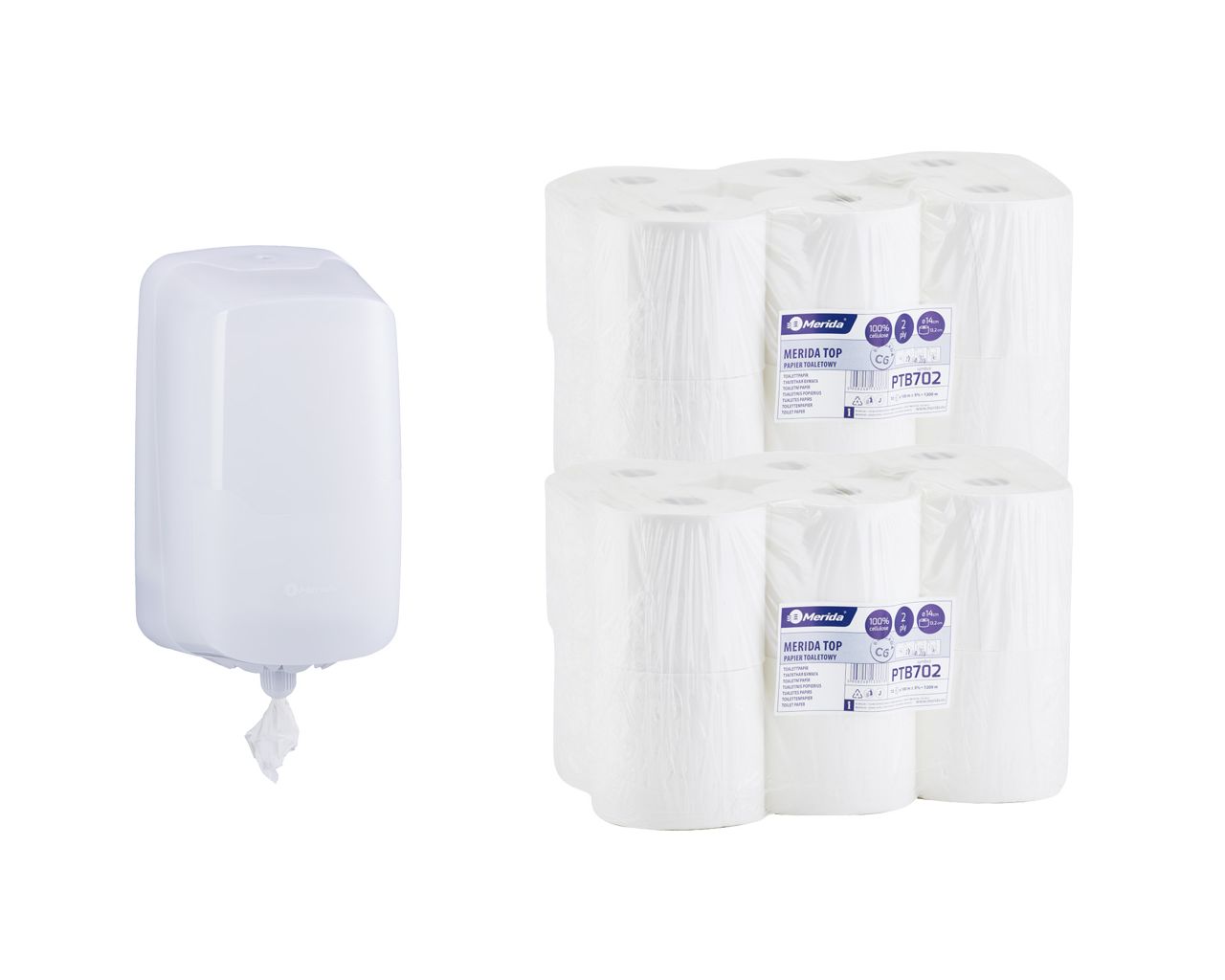 PROMO607 Контейнер для туалетной бумаги HARMONY MINI за 50 злотых нетто при покупке 2 упаковок бумаги TOP CENTER PULL MINI PTB702 (24 x 100 м = 2400 м, 12 000 листов) Merida 