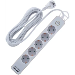 Удлинитель с заземлением Duwi 5 розеток со шторками 3x1.5мм2 3 м выключатель 2 USB цвет белый/серебристый