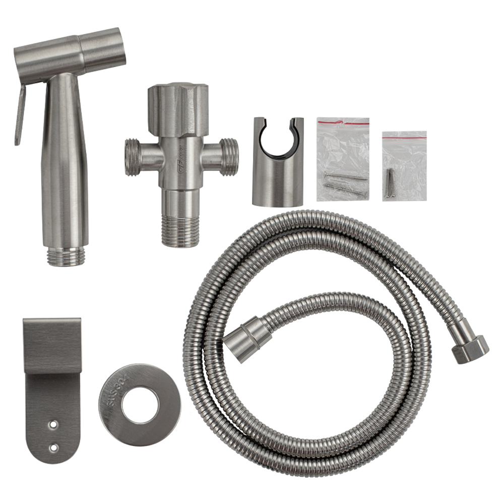 GFmark - Набор биде гигиенический из нержавеющей стали, матовый, (шаровый кран + лейка + шланг), код: 2061  - Вид №4